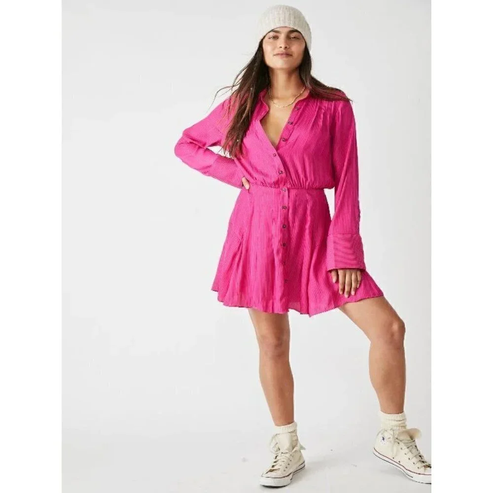FREE PEOPLE Everly Pinstripe Long Sleeve Shirtdress in Pink Phenom Size X-Small - Picture 3 of 11
